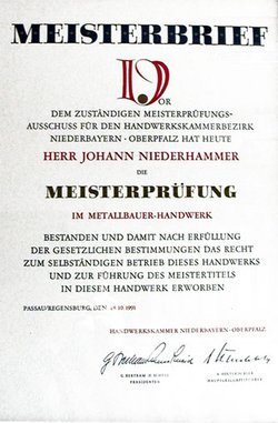 Meisterbrief - Johann Niederhammer